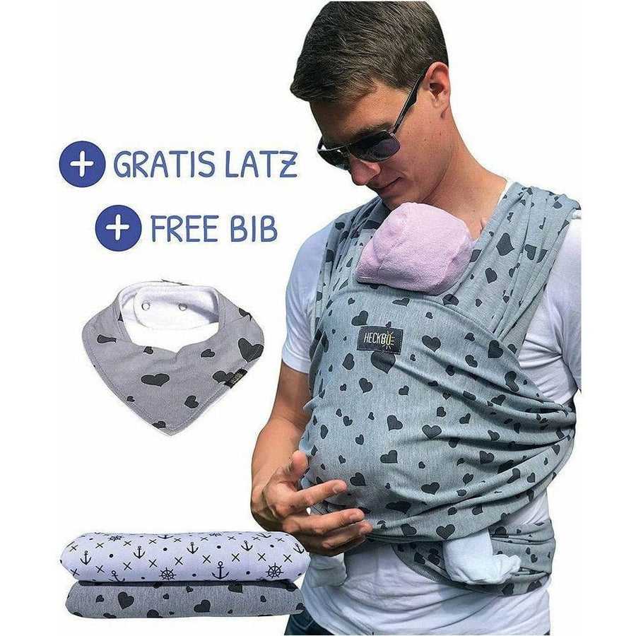 Babytragetuch grau mit Herzen – inkl. Baby-Lätzchen & Tasche
